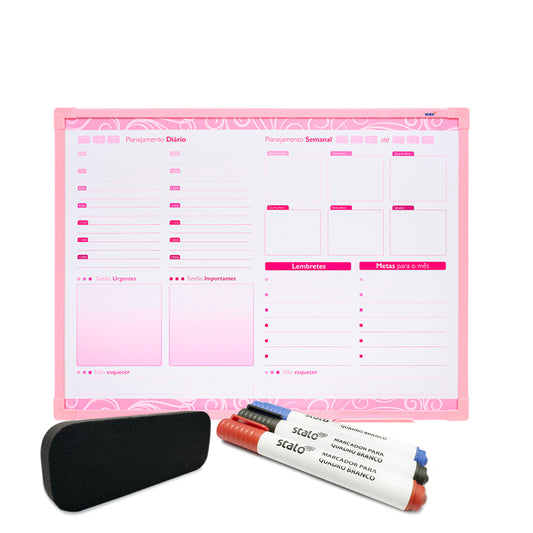Lousa Quadro Planner Arabesco Moldura MDF Rosa Soft + Caneta e Apagador