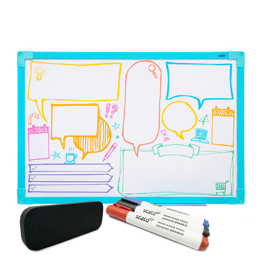 Lousa Quadro Planner Cartoon Moldura MDF Azul Soft + Caneta e Apagador