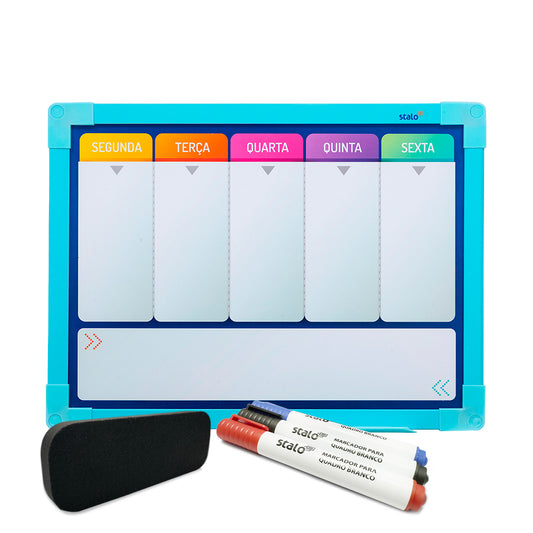 Lousa Quadro Planner Arco-Íris Moldura MDF Azul Soft + Caneta e Apagador